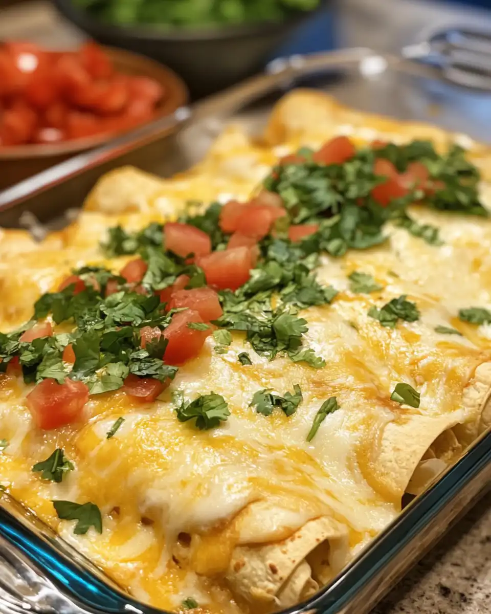 Served queso chicken enchiladas with melted cheese and fresh cilantro garnish