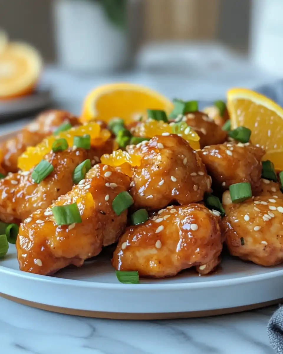 Close up of perfectly cooked air fryer orange chicken served