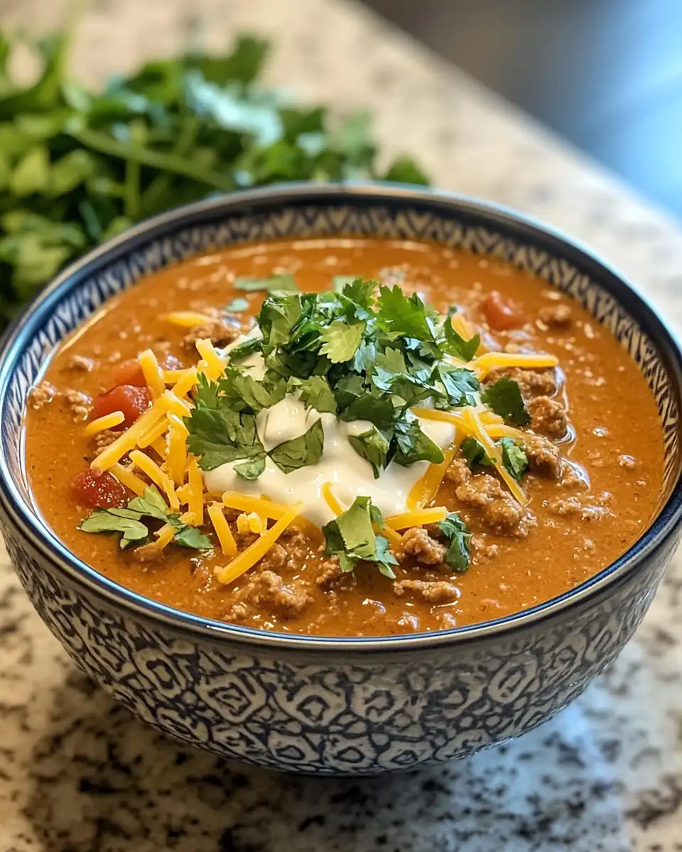 Bowl of creamy keto taco soup garnished and ready to serve