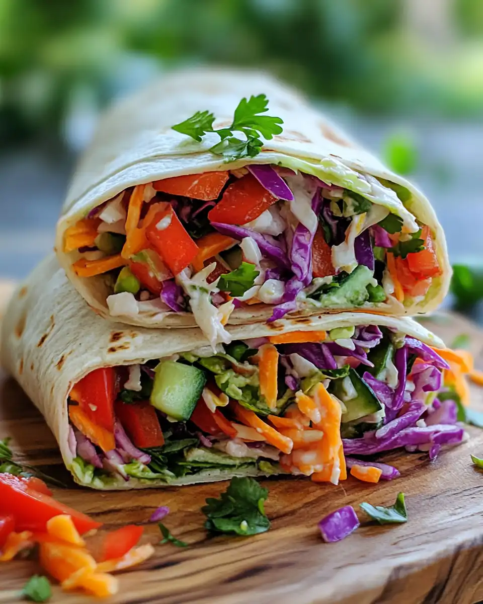 Plated rainbow veggie slaw wrap cut diagonally ready to serve