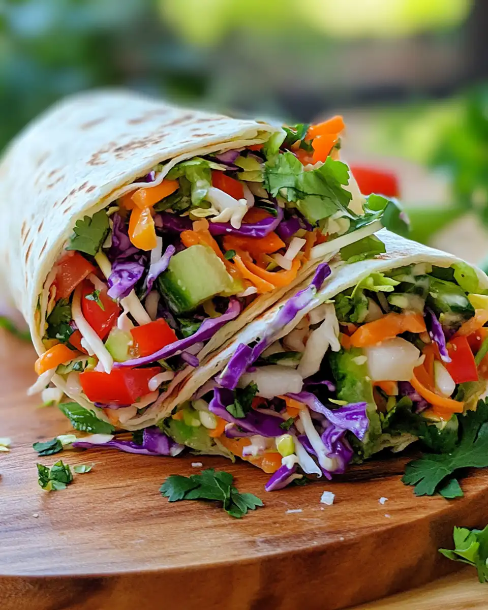 Close-up of colorful veggie slaw wrap fresh and ready to eat