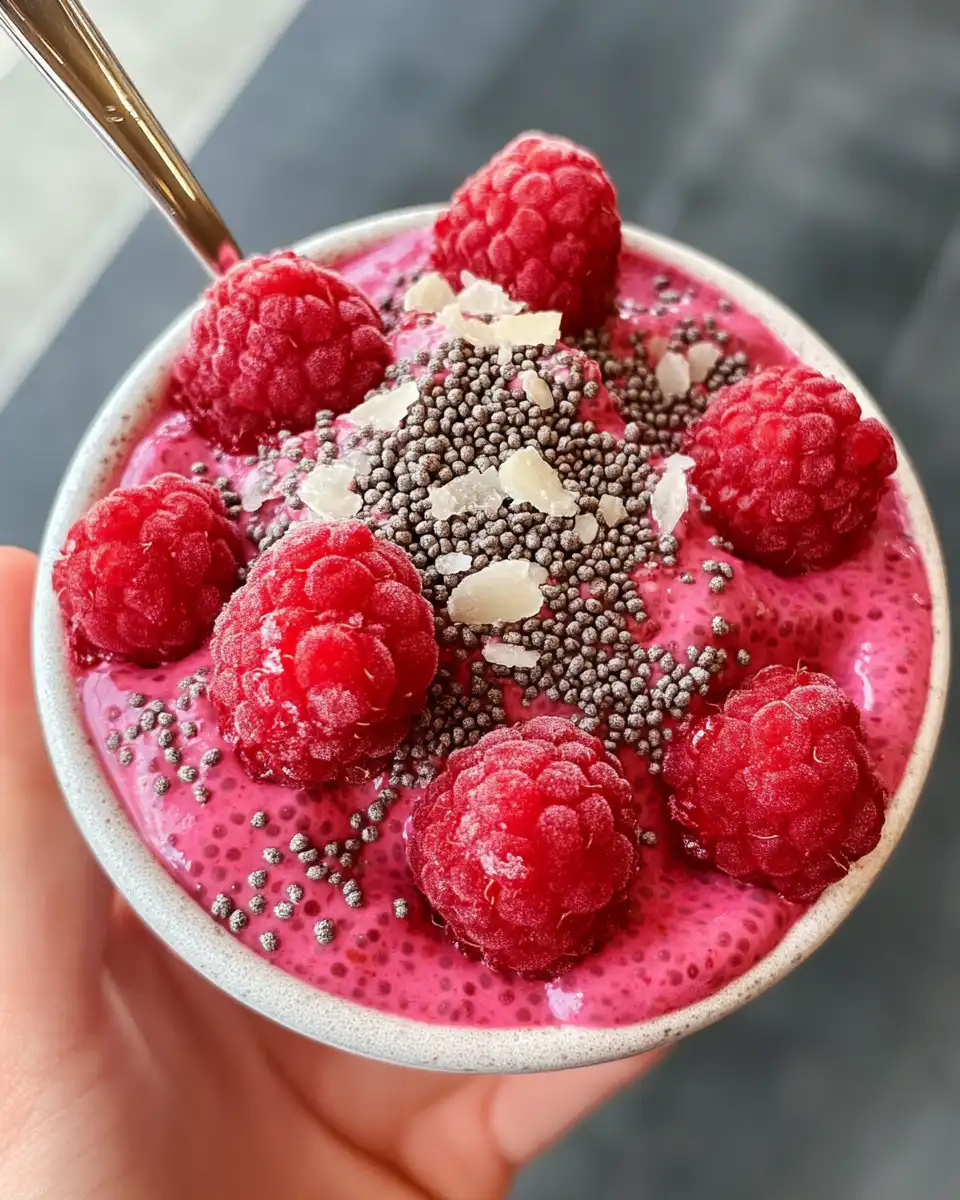 Ingredients for raspberry chia pudding neatly arranged