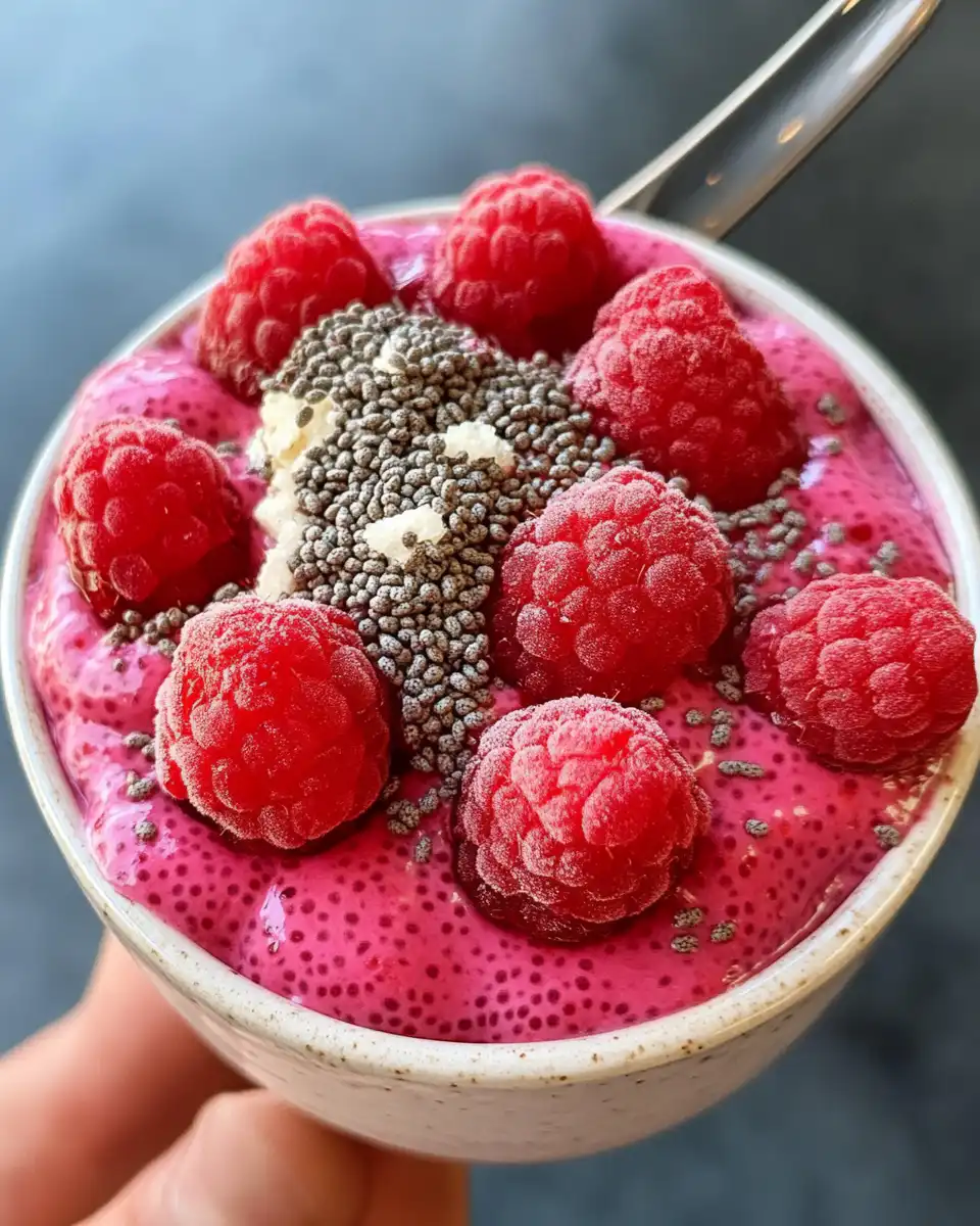 Finished raspberry chia pudding served with raspberry topping