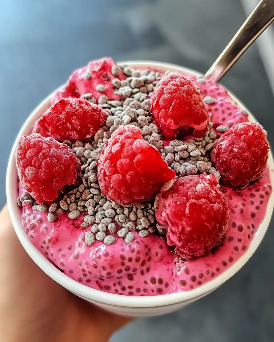 Fresh raspberry chia pudding in a bowl, ready to enjoy