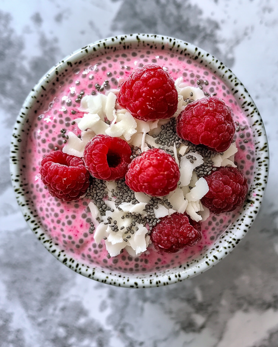 Ingredients for raspberry coconut chia pudding including raspberries, almond milk, chia seeds