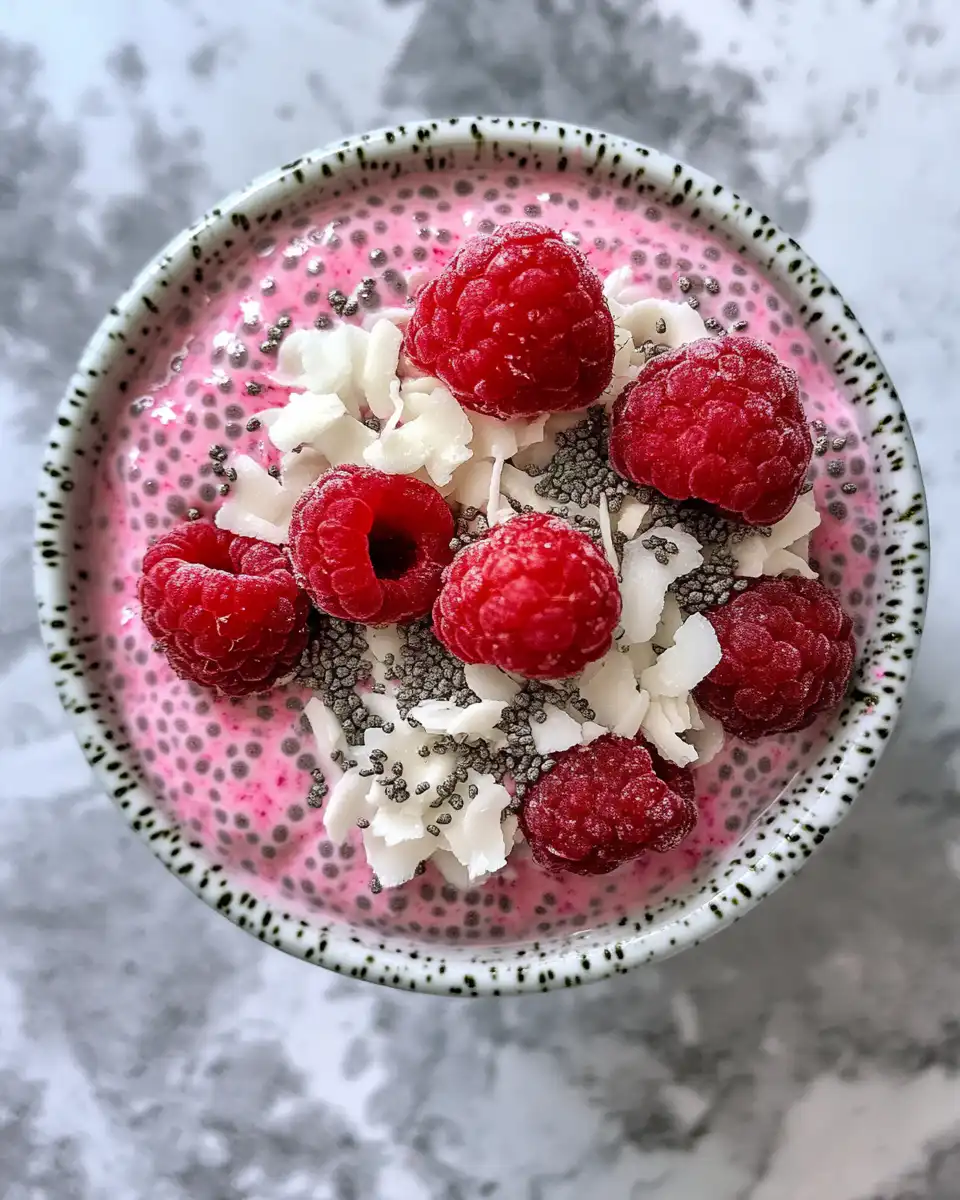 Ingredients for raspberry coconut chia pudding including raspberries, almond milk, chia seeds