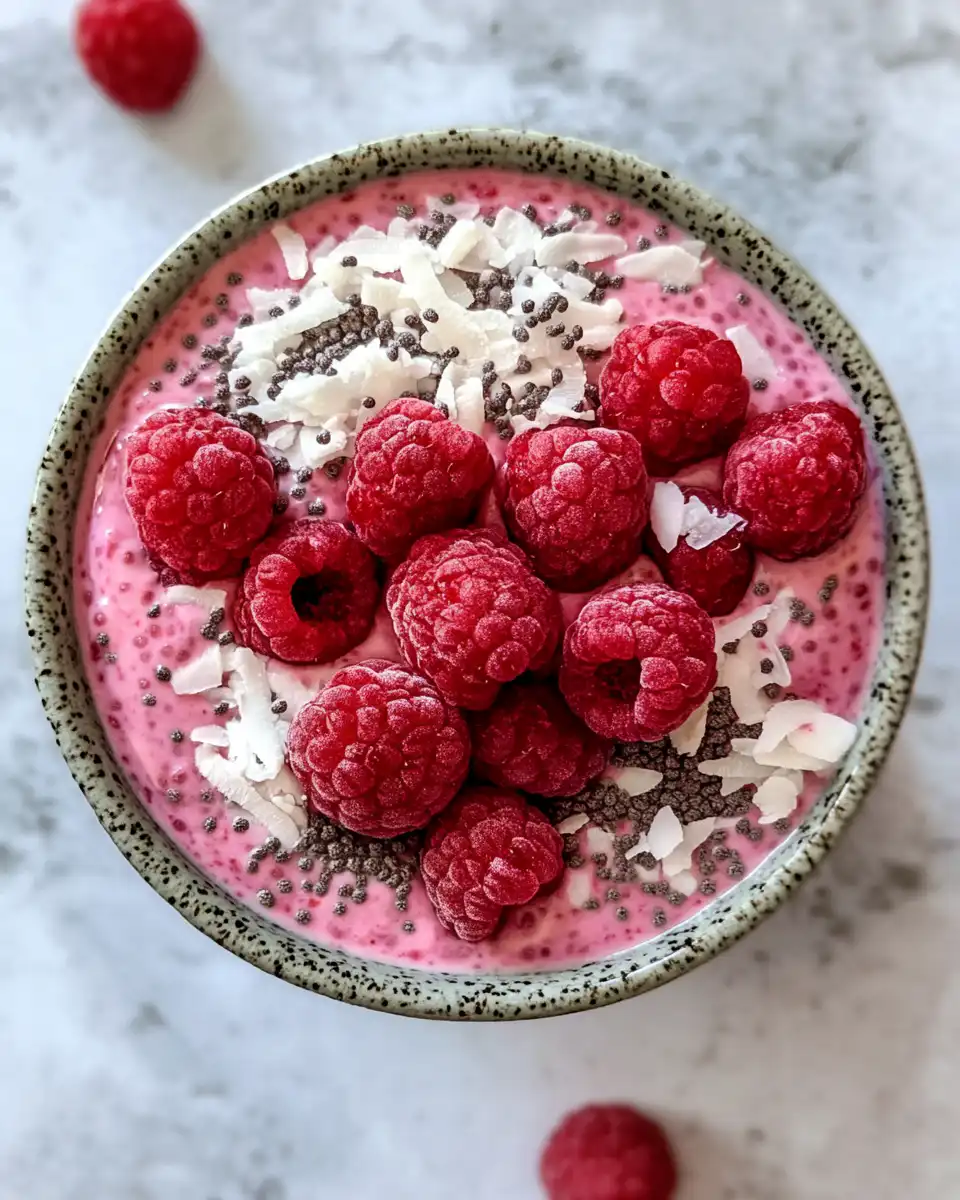 Serving of raspberry coconut chia pudding in a glass jar garnished with fresh raspberries