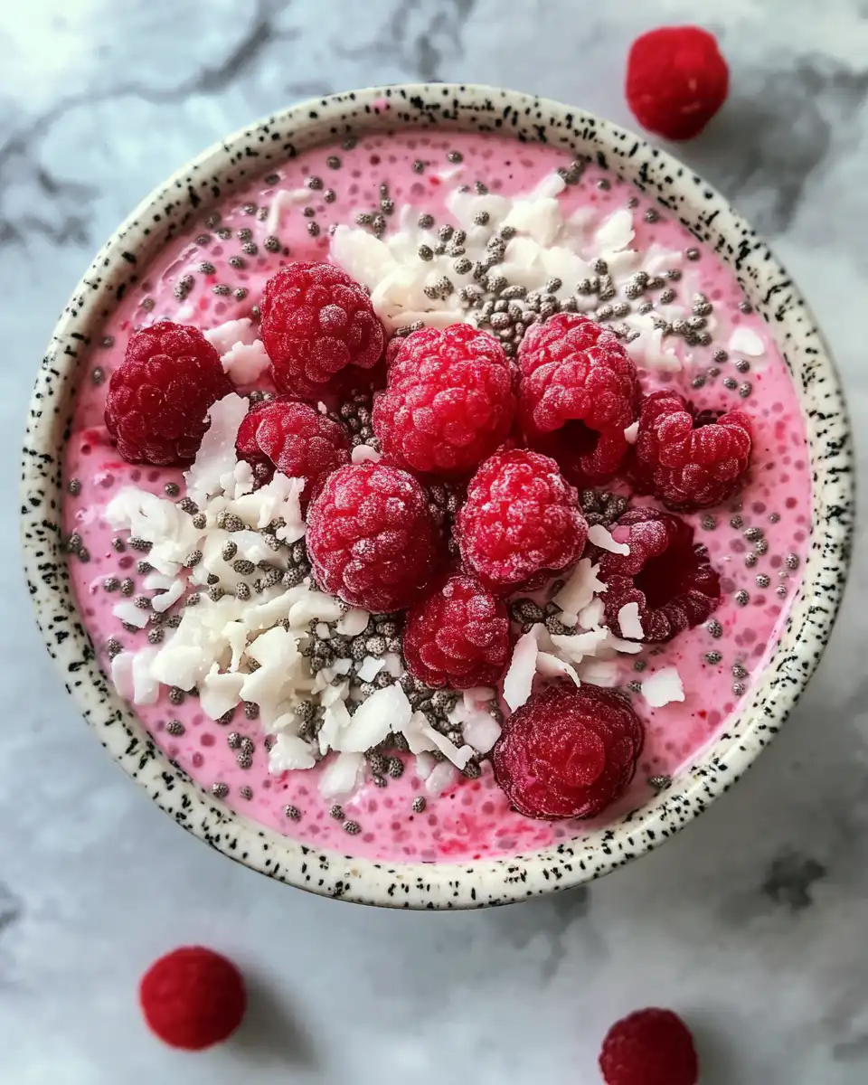 Fresh raspberry coconut chia pudding just finished pressure cooking with steam escaping