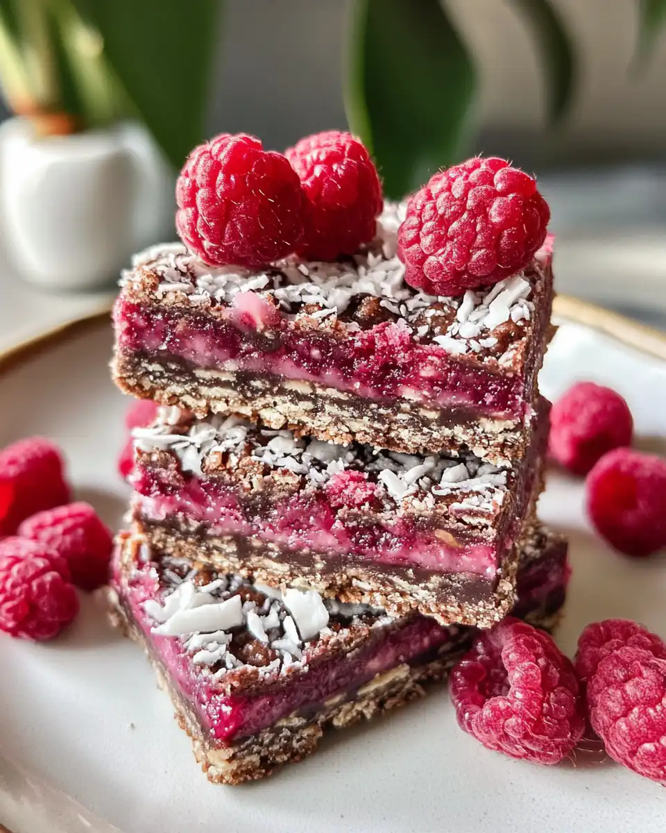 Close up of freshly baked raspberry coconut magic bars on a serving plate