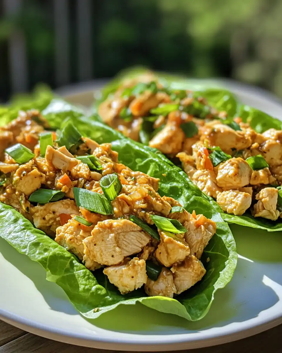 Finished plated satay chicken lettuce wraps with peanut sauce and cilantro garnish