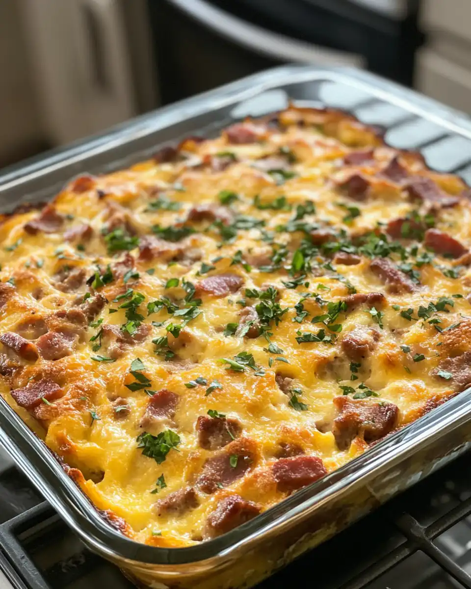 Ingredients layered for Overnight Bacon and Sausage Breakfast Casserole