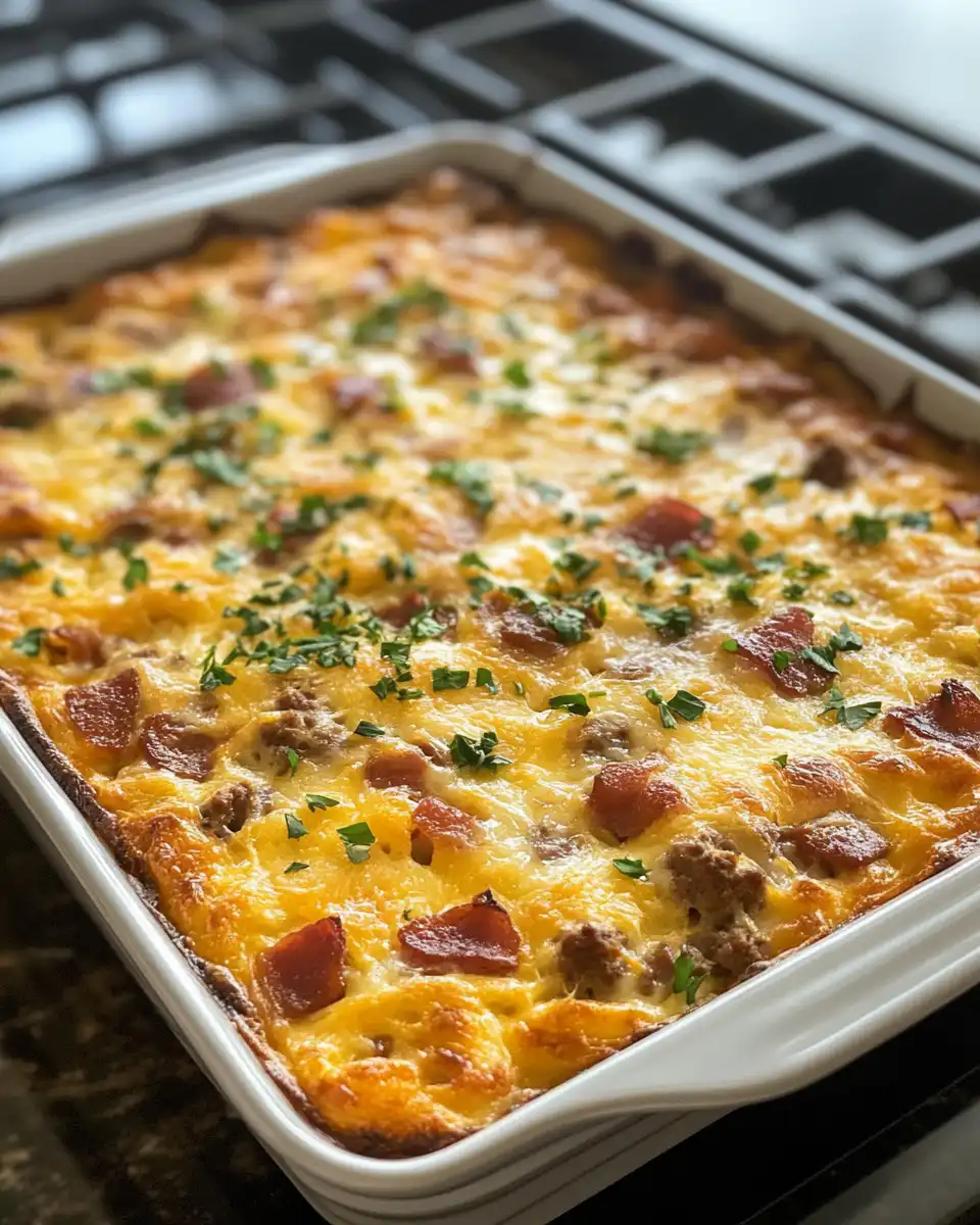 Golden baked Overnight Bacon and Sausage Breakfast Casserole ready to serve