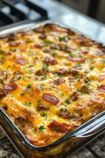 Sausage & Bacon Breakfast Casserole taken with iphone 15 pro max --iw 2 --ar 4:5 --v 6.1 --raw