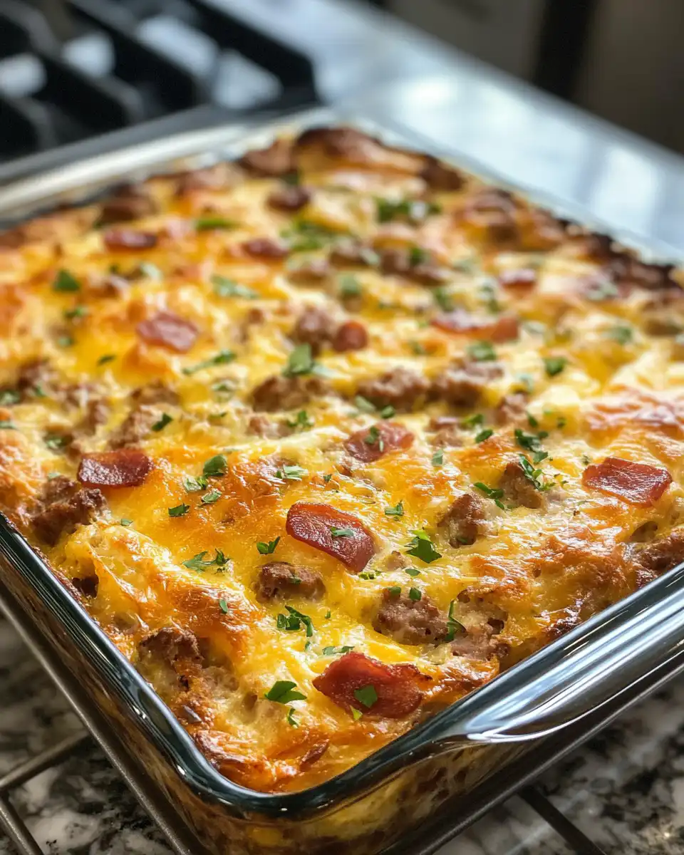 Overnight Bacon and Sausage Breakfast Casserole beginning cooked and ready