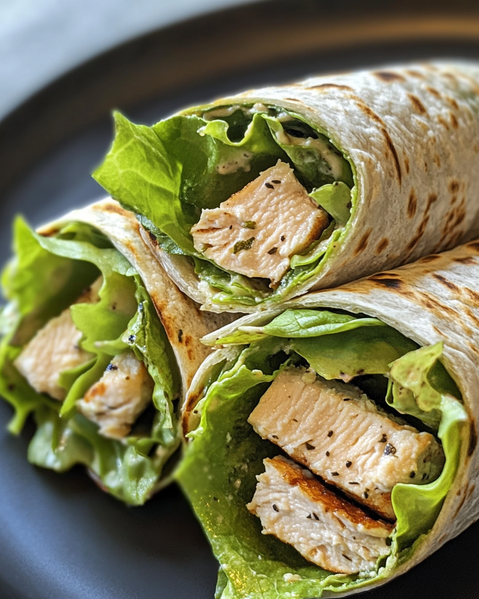 Final plated chicken caesar salad wraps sliced and ready to serve