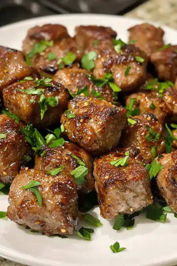 savory garlic pork bites an easy flavor explosion taken with iphone 15 pro max --iw 2 --ar 4:5 --v 6.1 --raw