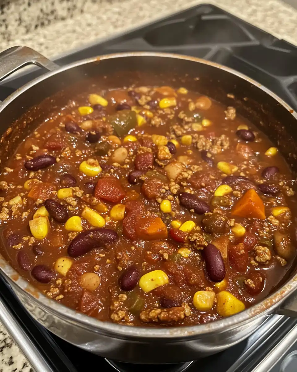 Ingredients for vegan chili including beans, peppers, and spices