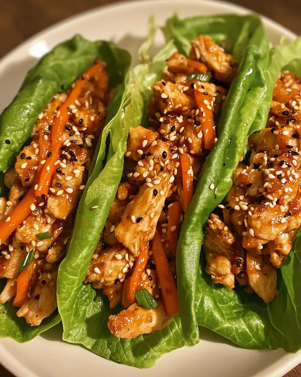 Finished sesame chicken lettuce wraps served on a platter
