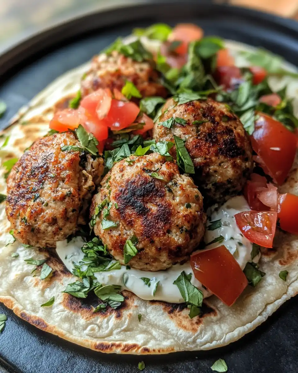 Ingredients for chicken kefta including fresh herbs and spices on wooden board