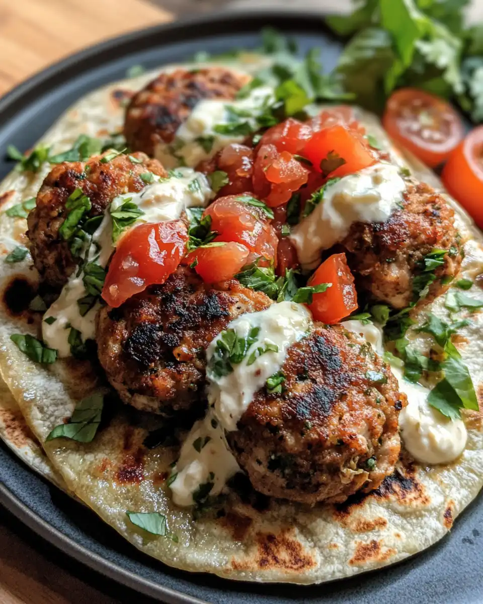 Cooked chicken kefta wraps plated with fresh toppings and dipping sauce
