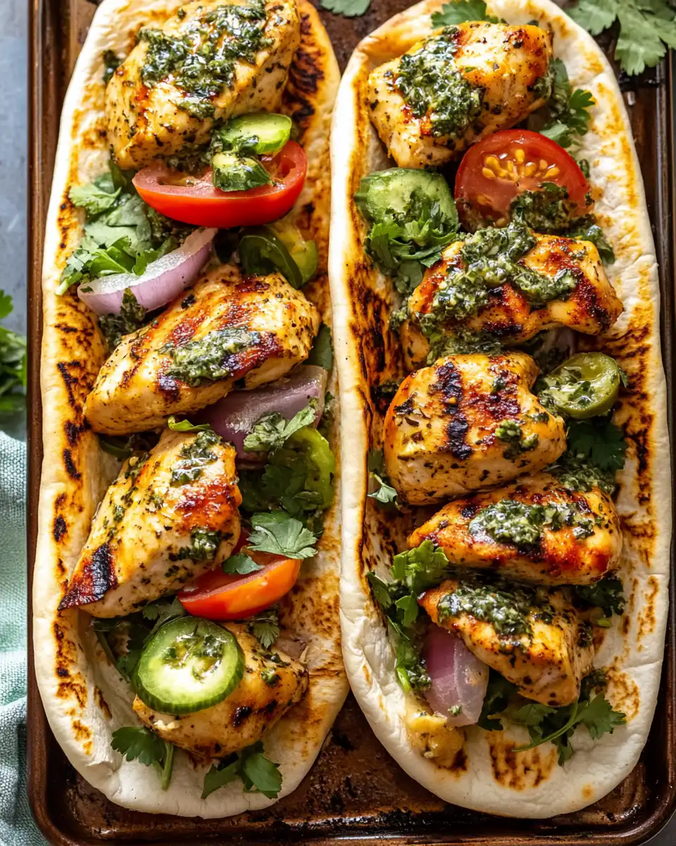 Close-up of filled chicken pita with fresh toppings and herby ranch drizzled