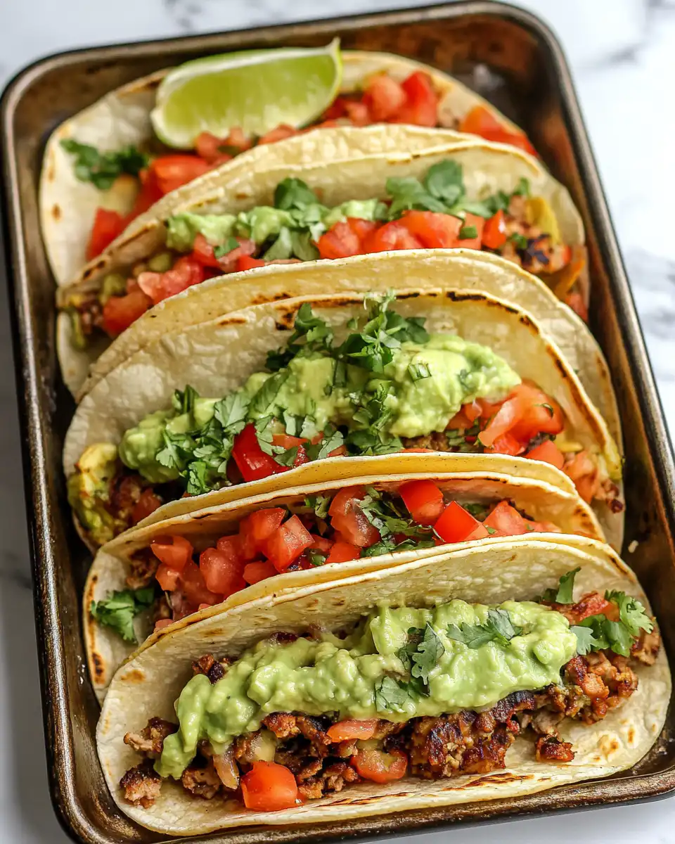 Final crispy sheet pan tacos served with avocado lime crema