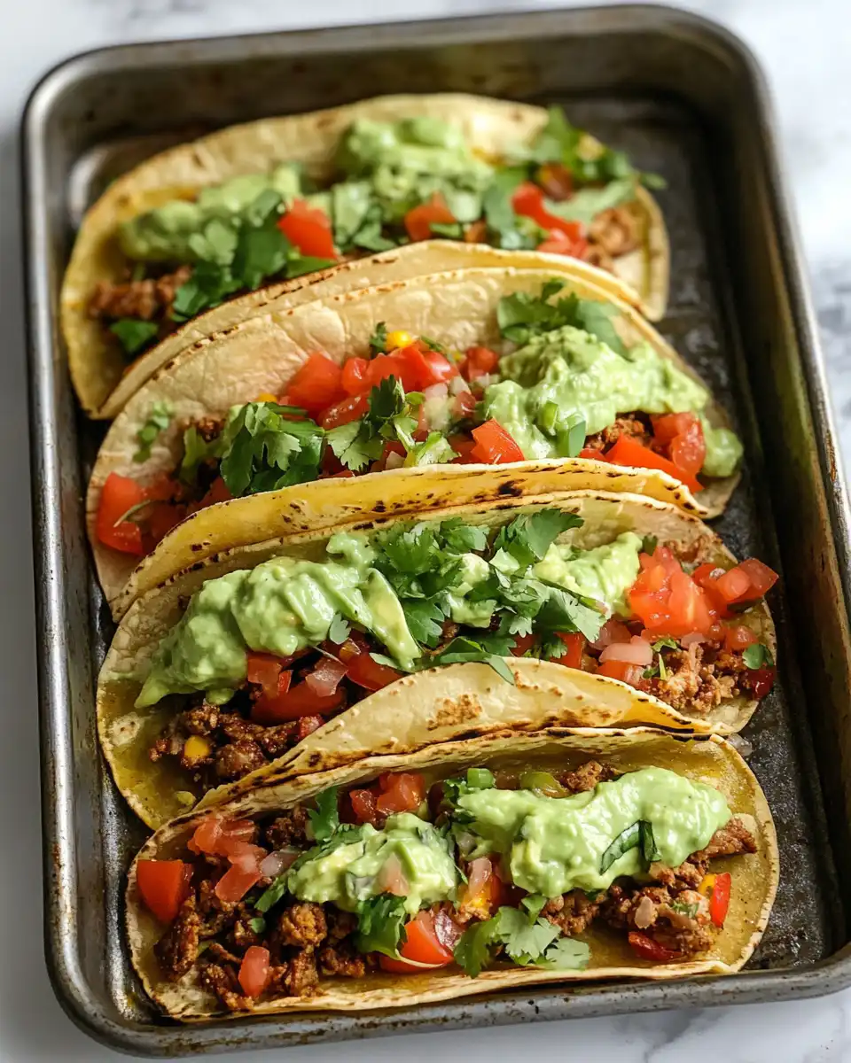 Sheet pan tacos with avocado crema freshly baked in oven