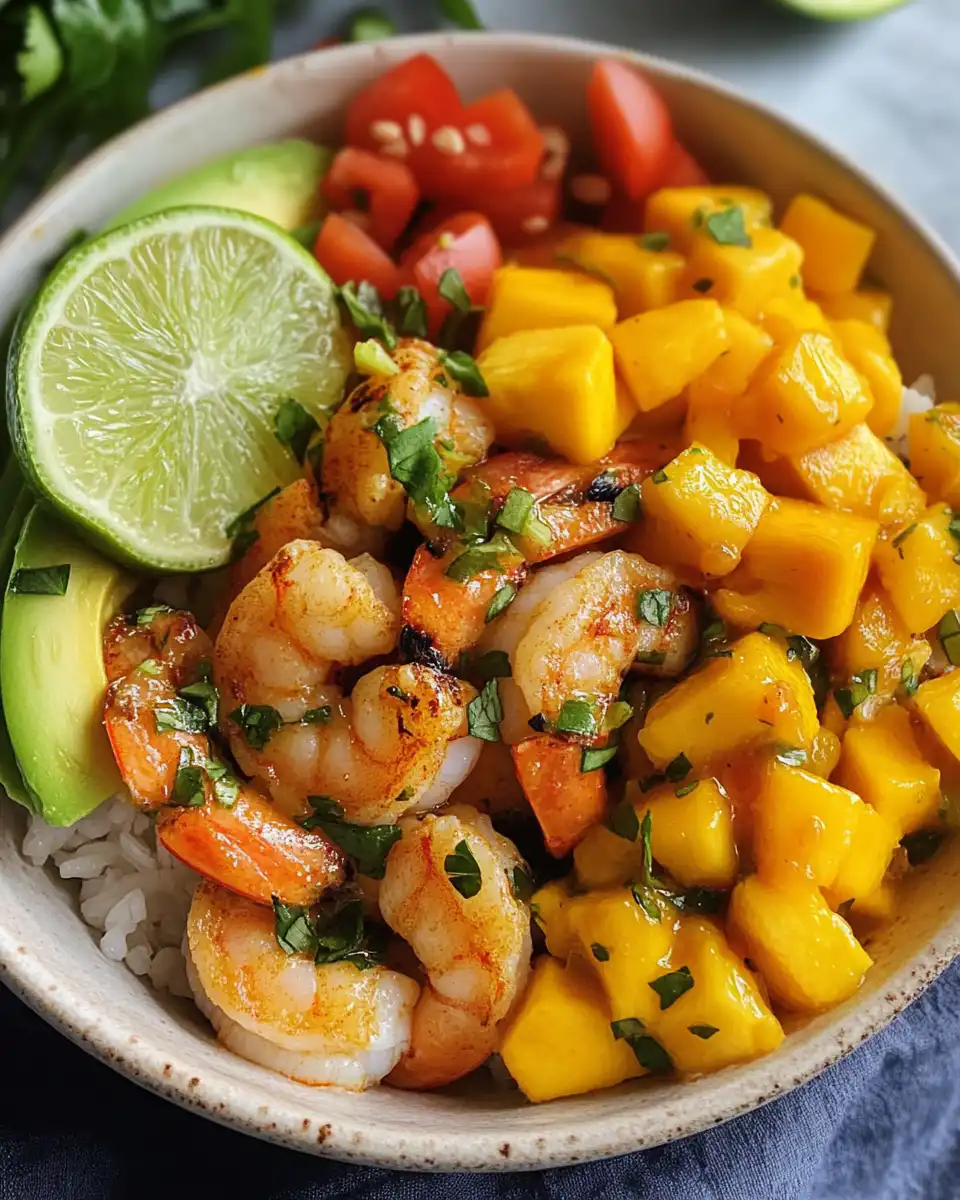 Finished shrimp tacos loaded with avocado mango salsa and lime crema served warm