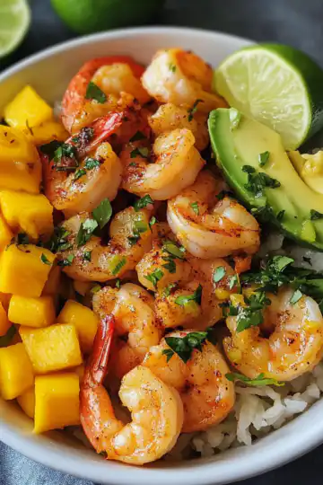 shrimp avocado bowls mango salsa lime chili sauce taken with iphone 15 pro max --iw 2 --ar 4:5 --v 6.1 --raw