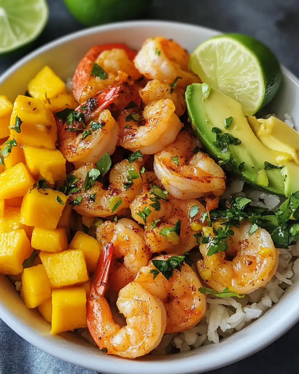 Close-up of smoky chipotle shrimp with avocado mango salsa and lime crema