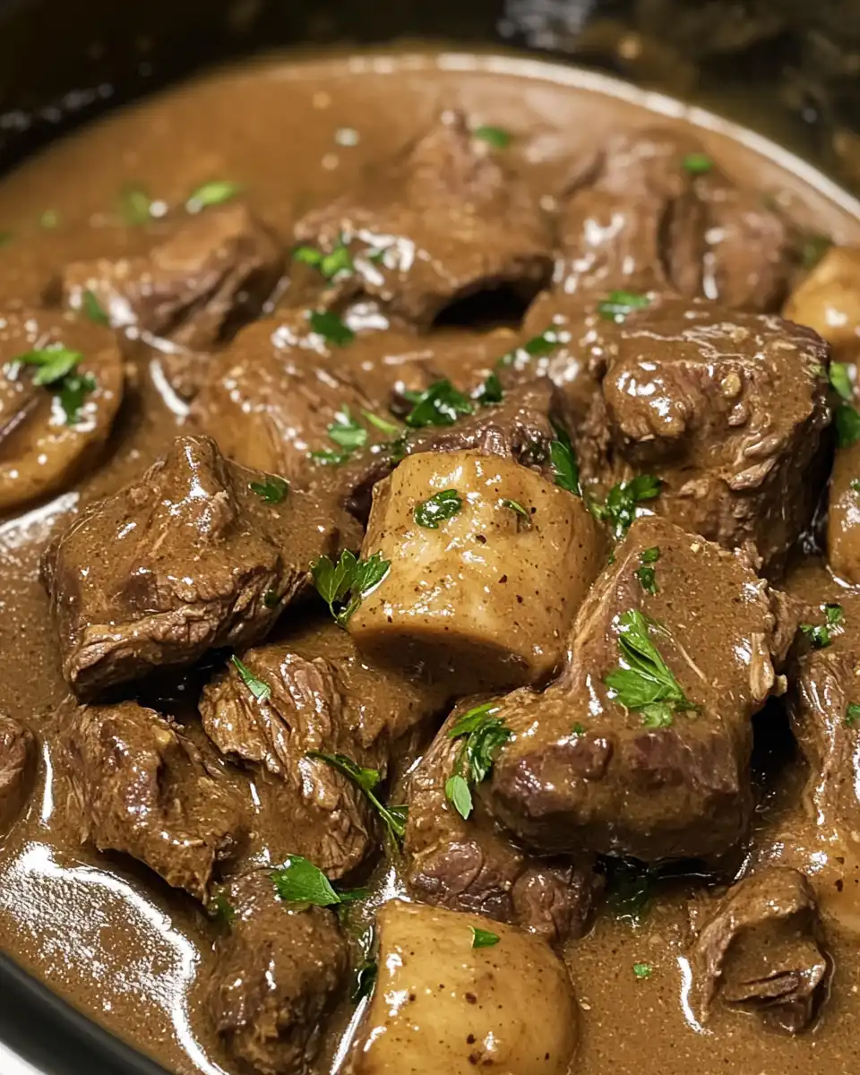 Freshly chopped ingredients including beef, onion, garlic, and brown gravy mix for beef tips