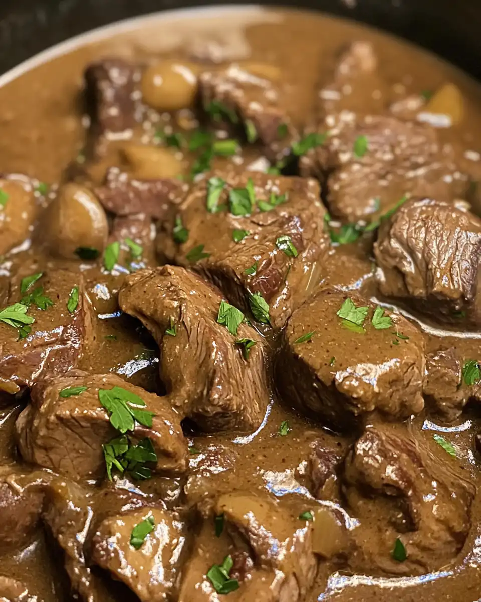 Serving bowl of tender beef tips with brown gravy and mashed potatoes
