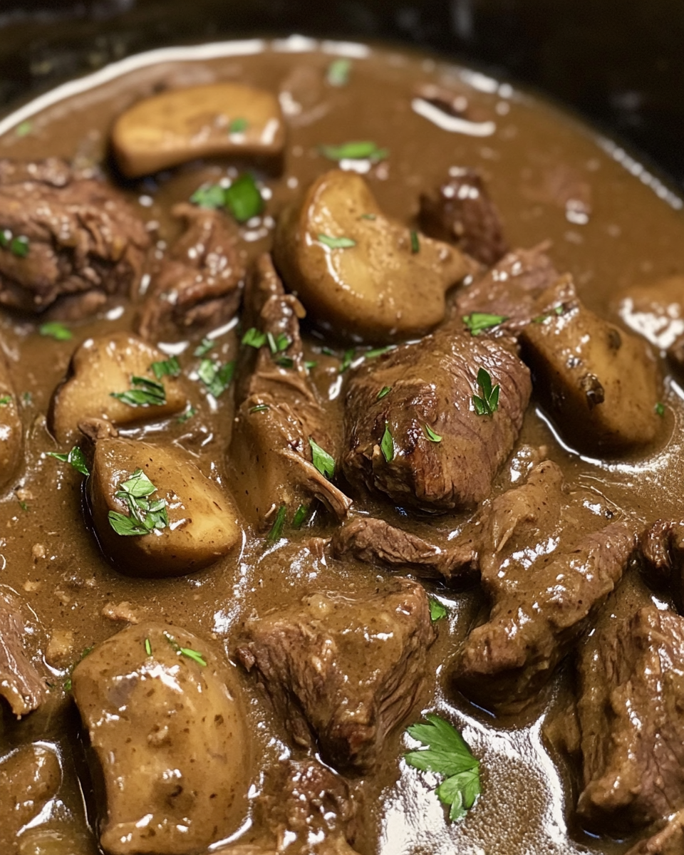 Close up of beef tips and rich brown gravy in slow cooker with steam