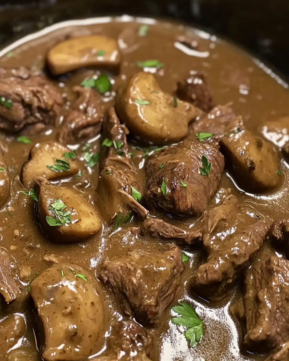Close up of beef tips and rich brown gravy in slow cooker with steam