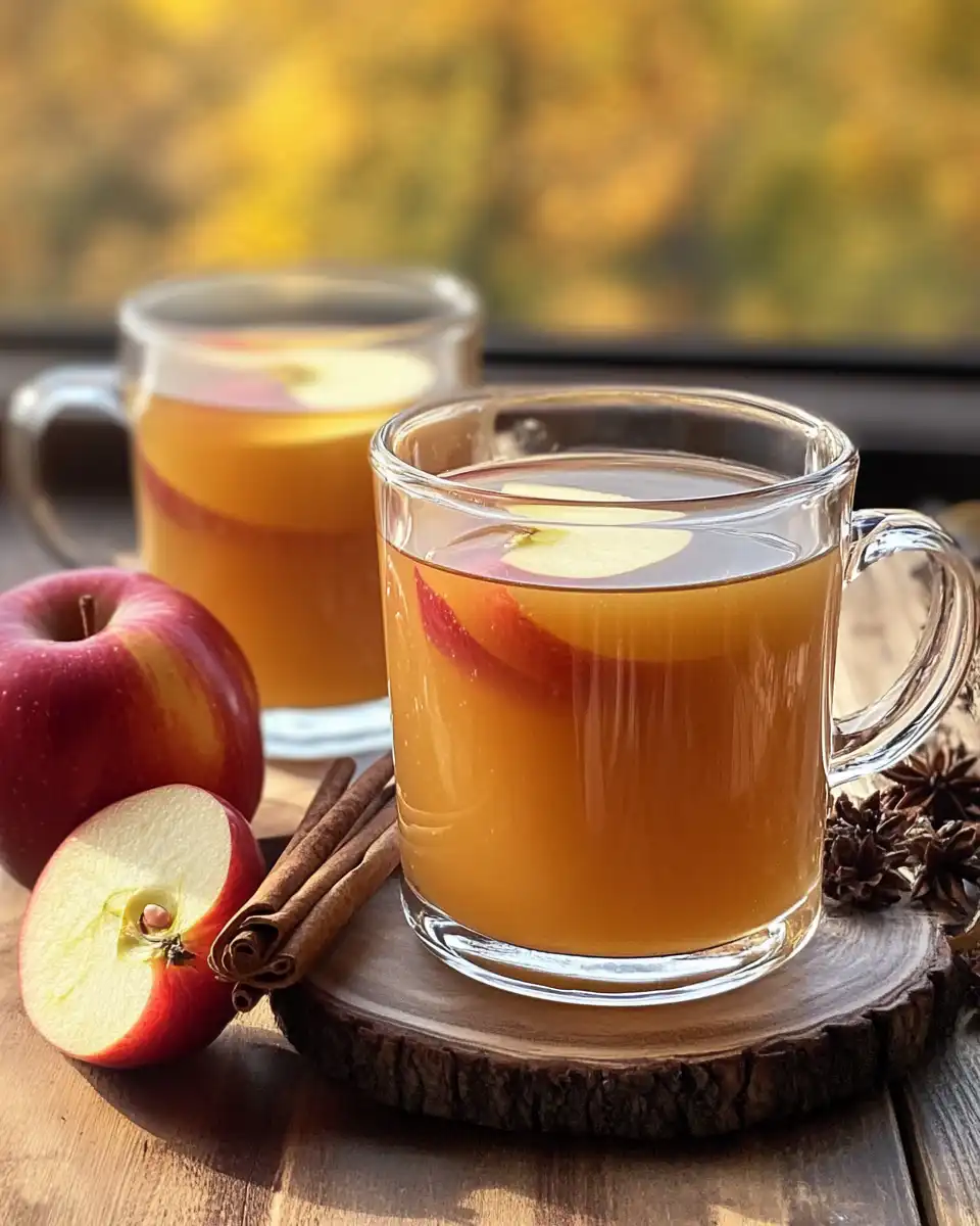 Freshly poured warm slow cooker apple cider in a glass with steam