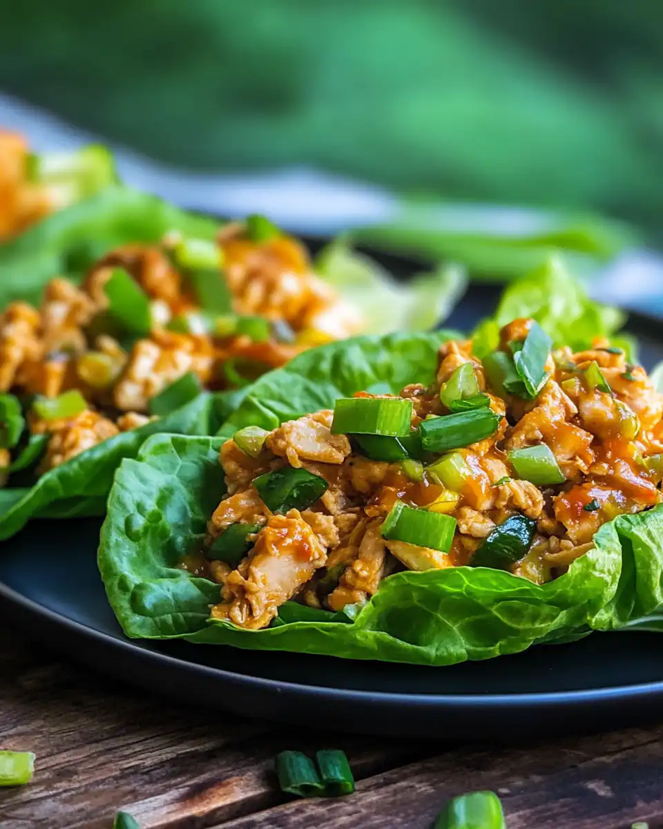 Plated slow cooker Asian chicken lettuce wraps with colorful toppings