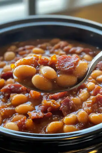 Slow Cooker Bacon Bourbon Baked Beans taken with iphone 15 pro max --iw 2 --ar 4:5 --v 6.1 --raw