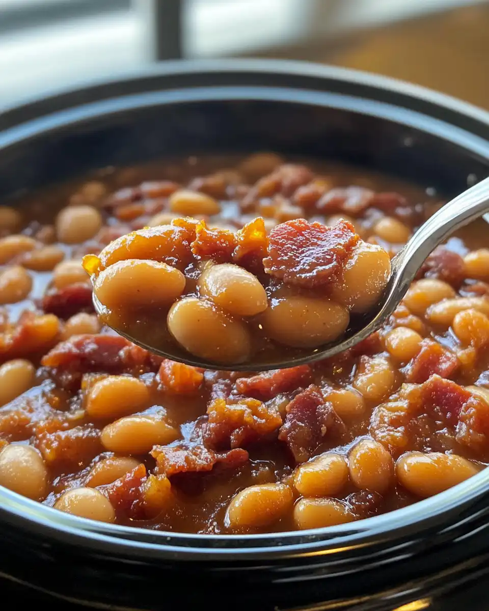 Pressure cooker filled with smoky bacon bourbon baked beans cooking