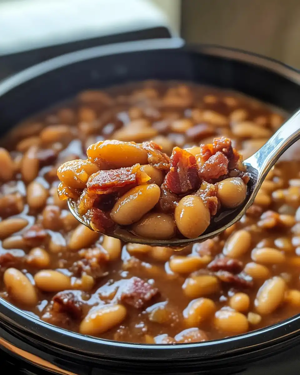 Final plated slow cooker bacon bourbon baked beans served warm