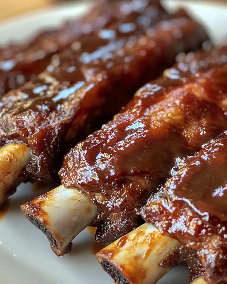 Homemade barbecue sauce brushed on tender slow cooker baby back ribs ready to serve