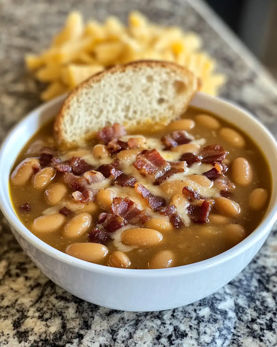 Serving slow cooker bean and bacon soup in a warm bowl