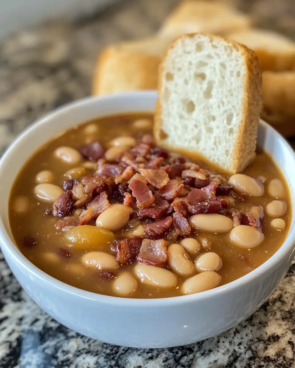 Slow cooker bean and bacon soup bubbling in the pot