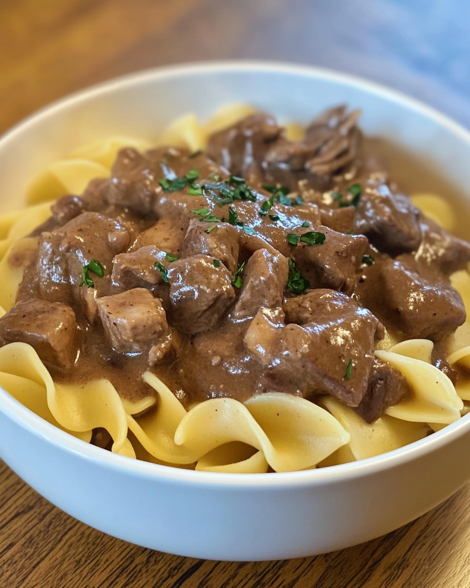Pressure cooker slow cooker beef with gravy and noodles aroma filling kitchen