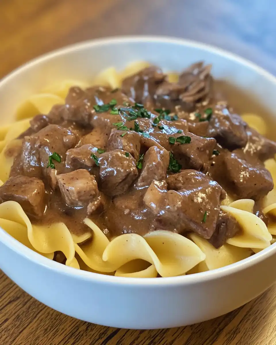 Pressure cooker slow cooker beef with gravy and noodles aroma filling kitchen