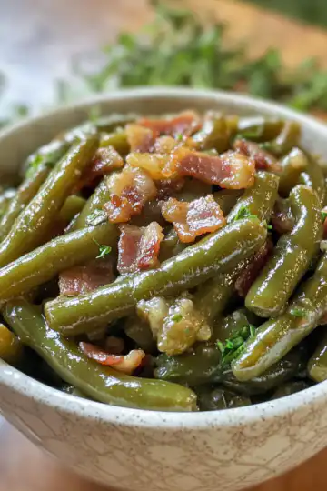 Slow Cooker Buttery Bacon Green Beans! taken with iphone 15 pro max --iw 2 --ar 4:5 --v 6.1 --raw