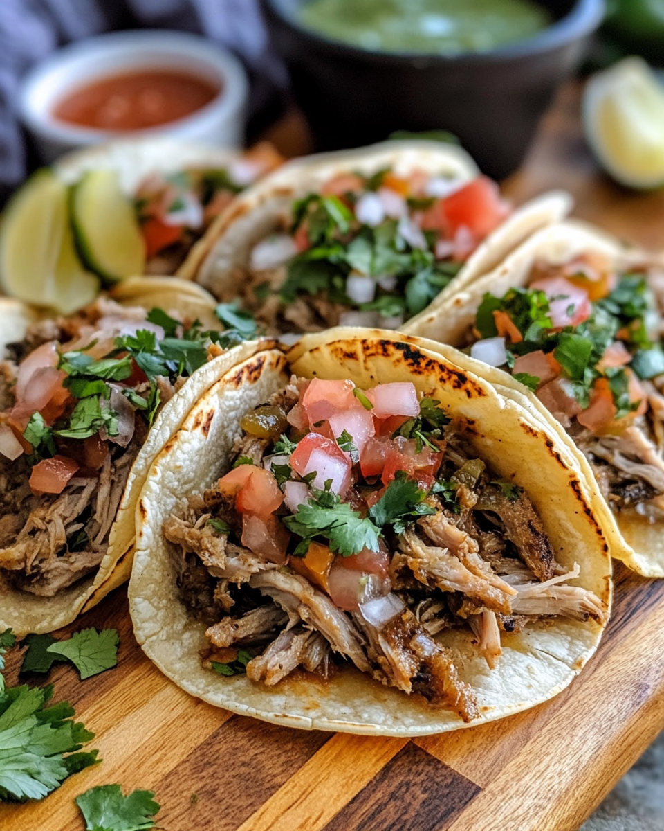 Ingredients for slow cooker carnitas tacos with spices and liquids