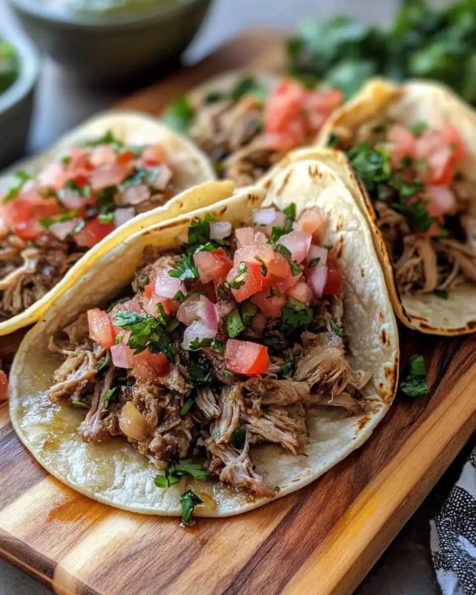 Finished slow cooker carnitas tacos plated with fresh garnishes