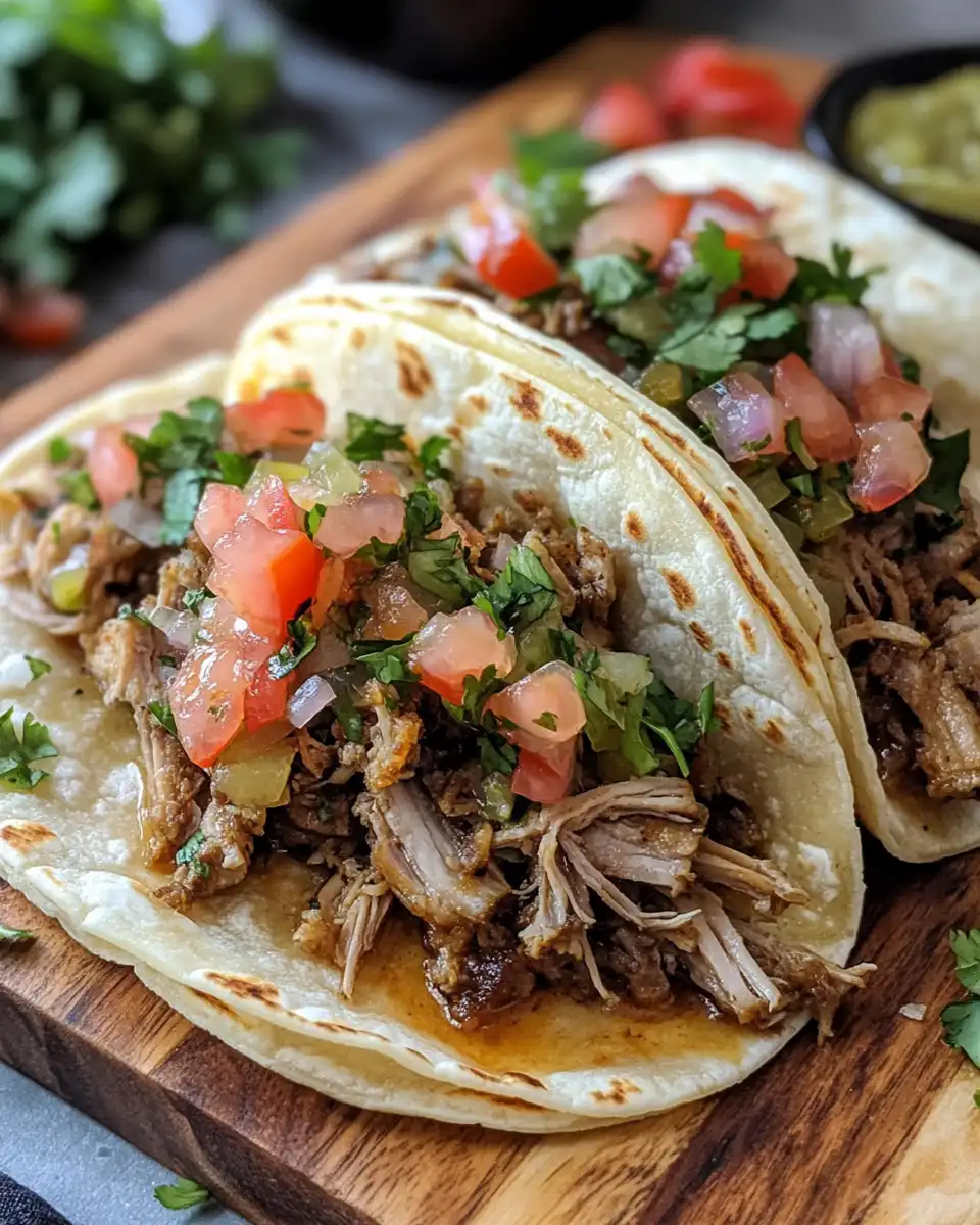 Slow cooker carnitas tacos close-up with fresh toppings