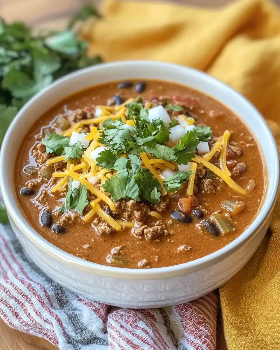 Close-up of creamy beef taco soup simmering in slow cooker with steam