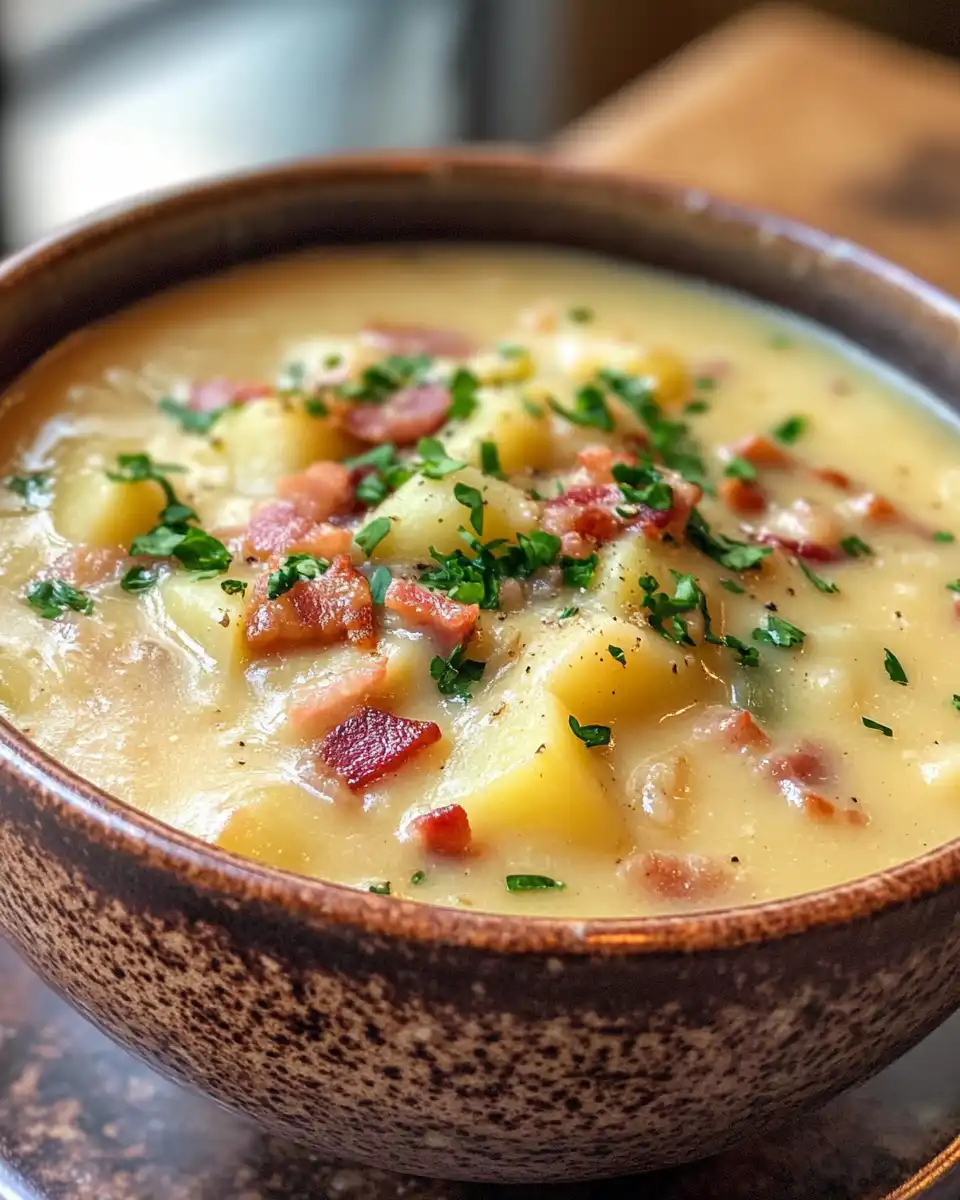Final creamy potato bacon soup served warm in a bowl with garnished bacon